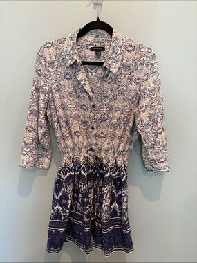 Lands' End Navy and White 3/4 Sleeve Printed Shirt Dress